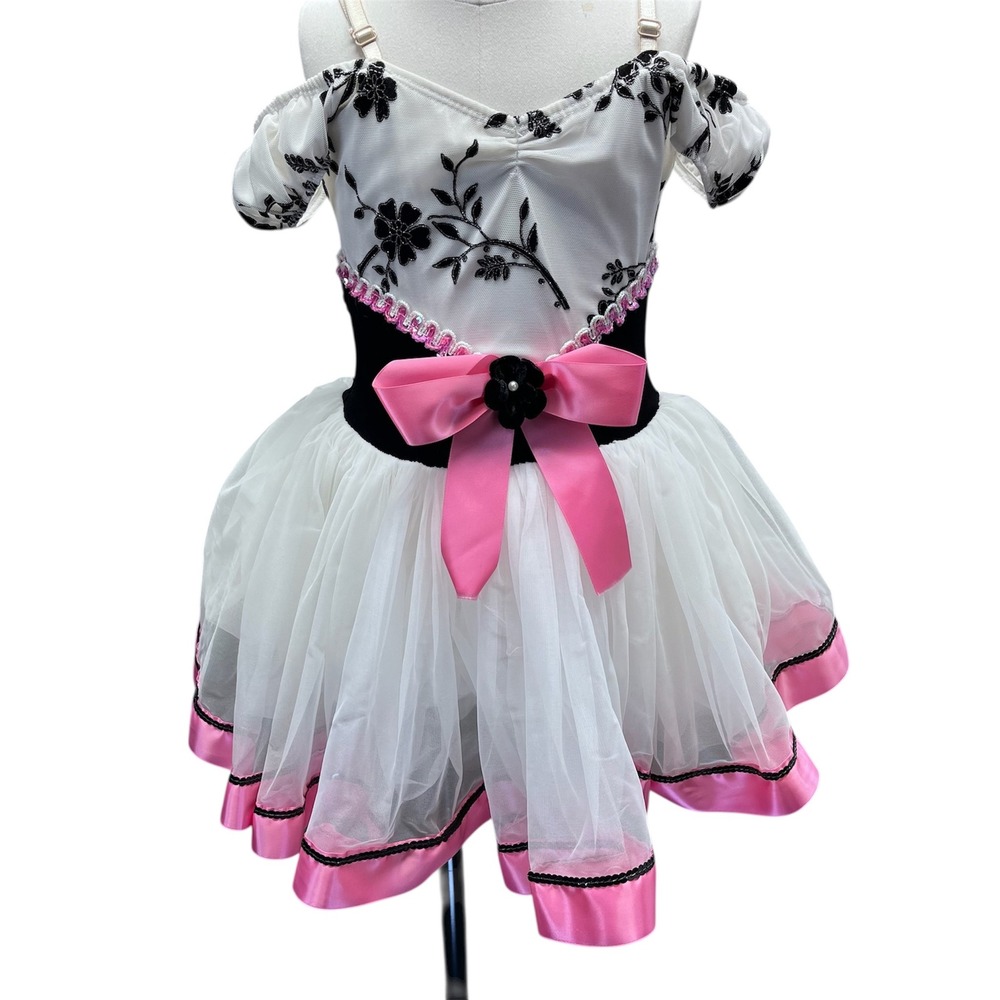 Dansco Girls Dance Costume Tutu Dress White‎ Black Pink Floral MC Ballet Recital